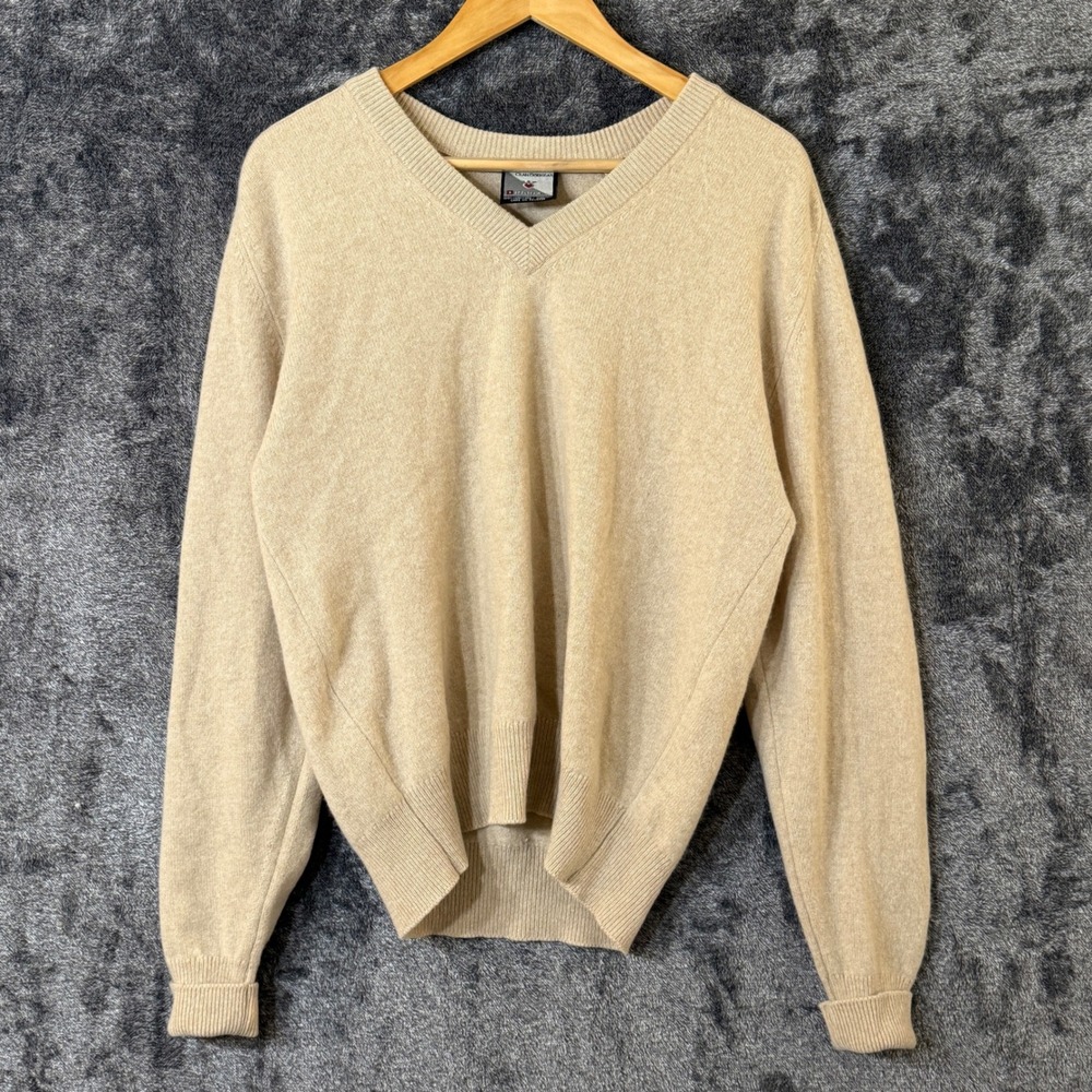 Clan Douglas Mens Cashmere Sweater V-Neck Medium Tan Beige Preppy Office